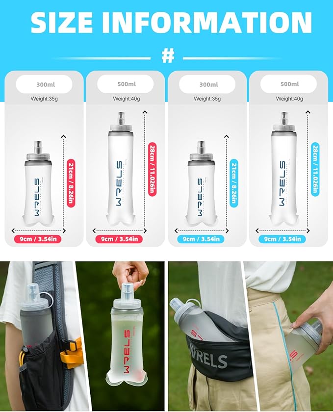 WRELS Collapsible Soft Flask Water Bottle for Outdoors,Folding Collapsible Running Flask for Cycling Marathon Trail Race
