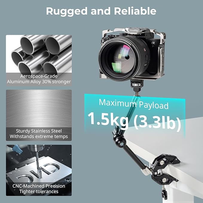 SMALLRIG 12.9 Inches Magic Arm Clamp, with 1/4'' Screw & Anti-Deflection Retractable Pin, Clamp Mount for GoPro/for Insta360 /for DJI Action/for DSLR/for Light/for Monitor/for Phone - 5312