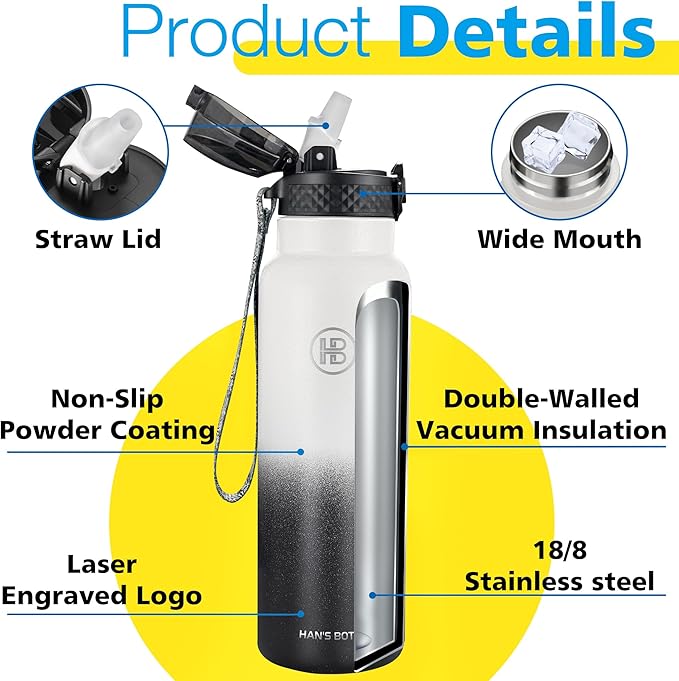 Han's Bottle Sports Water Bottle - 24 Oz, Straw Lid, Leak Proof, Vacuum Insulated Stainless Steel, Double Walled, Thermo Mug,White & Black
