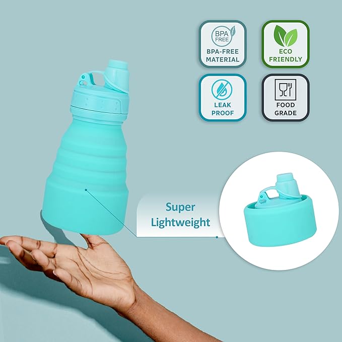 Collapsible Water Bottles 17oz, Odorless BPA-Free Silicone, Leak-Proof Foldable Reusable Bottle - Perfect for Travel Sports Gym Hiking Camping Cycling - Water Blue