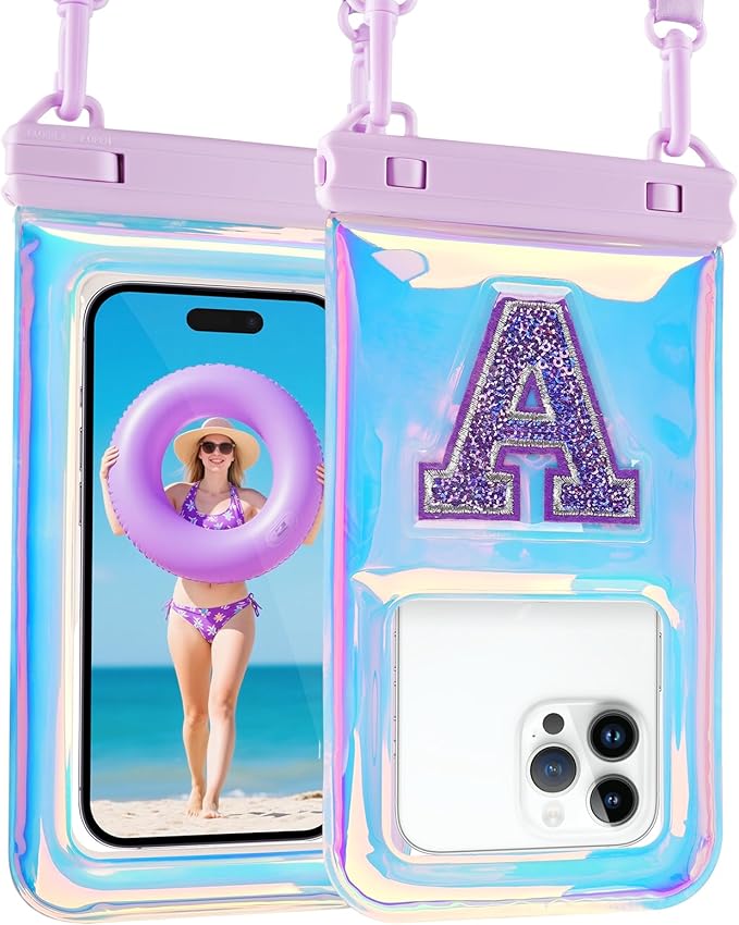 Waterproof Phone Pouch Floating, Fashion Bling Letters Cell Phone Dry Bag for iPhone 17 16 15 14 13 Pro Max, Galaxy S25 S24 S23 S22 Ultra Google, Up to 7.5 Inch, Glitter Letter A