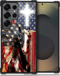 for Samsung Galaxy S25 Ultra Case,Graphic Design for Girl Boy Soft Silicone Hard Acrylic Shock Protection Designed for Samsung Galaxy S25 Ultra Red American Flag Horse Cross Pattern