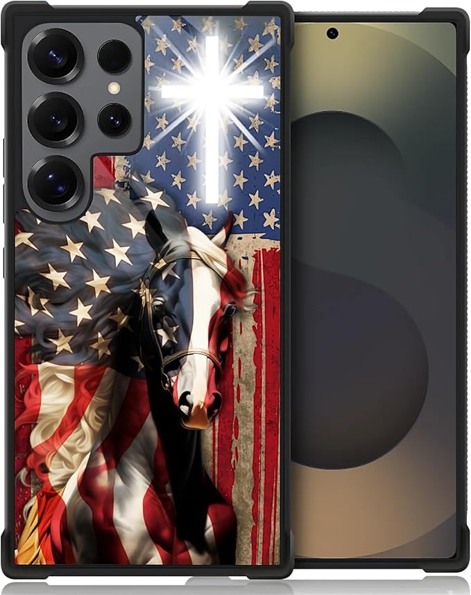for Samsung Galaxy S25 Ultra Case,Graphic Design for Girl Boy Soft Silicone Hard Acrylic Shock Protection Designed for Samsung Galaxy S25 Ultra Red American Flag Horse Cross Pattern