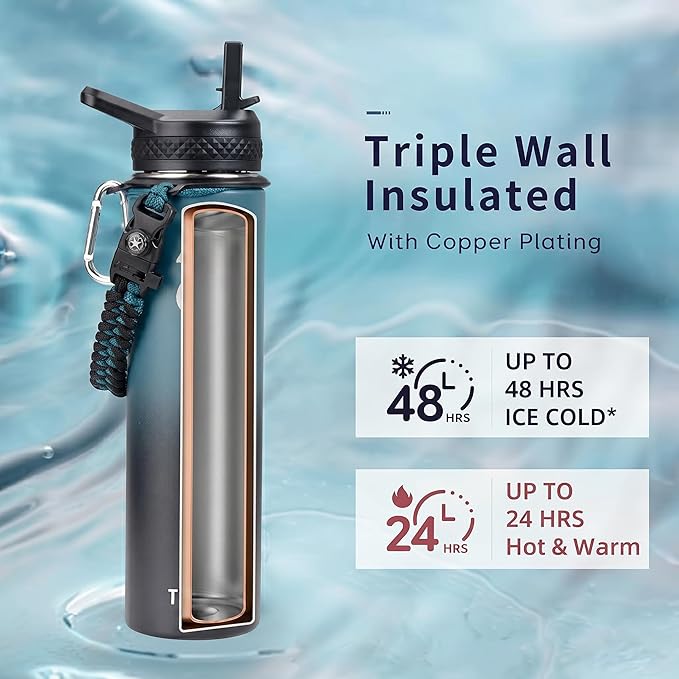 Trebo 24 oz Water Bottle Insulated with Lid and Straw,Triple Wall Vacuum Stainless Steel Metal Tumbler Sports Flask with Paracord Handle, Keep Cold 48 Hours Water Cup with 3 Lids, Indigo/Black