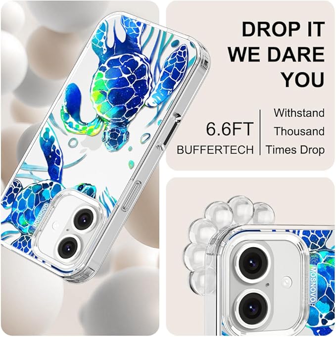 MOSNOVO Case for iPhone 16 Plus, [Buffertech 6.6ft Military-Grade Drop Protection] [Anti Peel Off Tech] Clear TPU Bumper Phone Case Cover Design - Sea Turtles