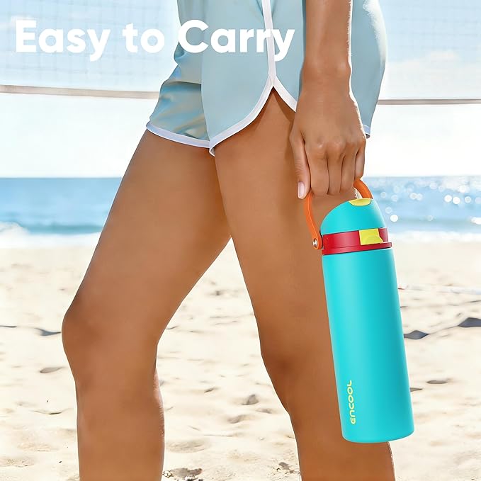 Insulated Water Bottle with Straw - Encool Stainless Steel Water Bottle with Push Button Lid, Leak-Proof & BPA-Free, Keeps Cold for 24 Hours for Sports, Travel, Gym (32 oz, Cerulean Blue)