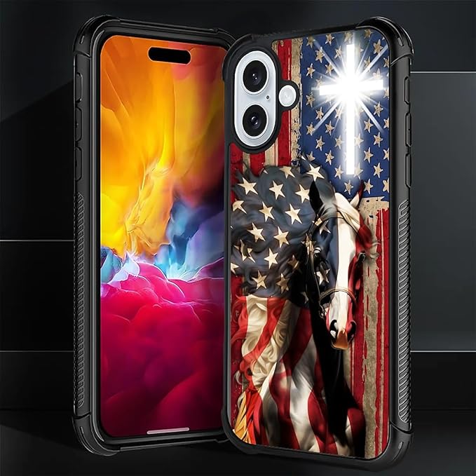 for iPhone 16 Case, Red American Flag Horse Cross Pattern Graphic Design Girl Boy Soft Silicone Hard Acrylic Shock Protection for iPhone 16