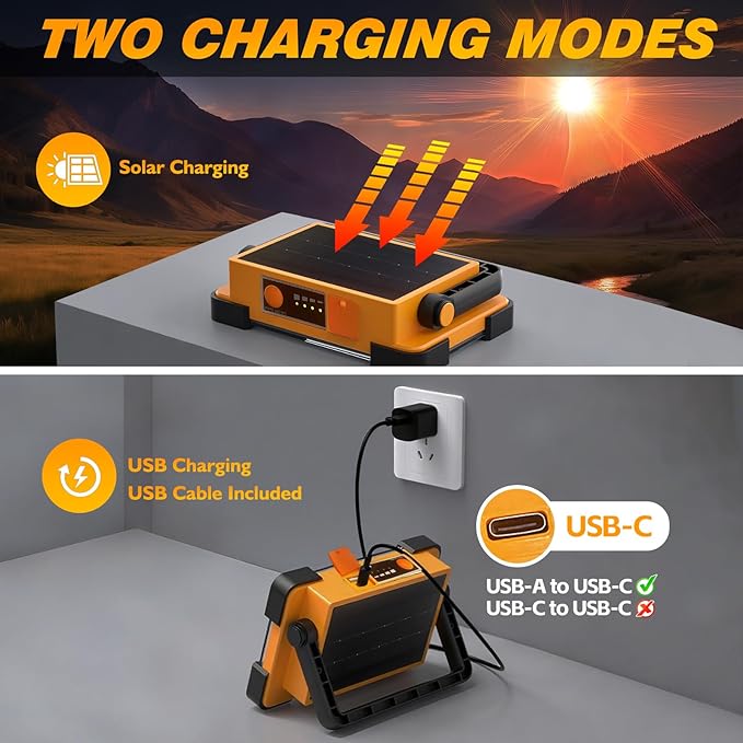 120W Solar Rechargeable Work Light, 144 LED 10000LM Led Work Light with 4 Modes, Portable Flood Light with Stand, IP66 Waterproof Outdoor Working Light for Emergency Mechanic Camping Repair (Yellow)