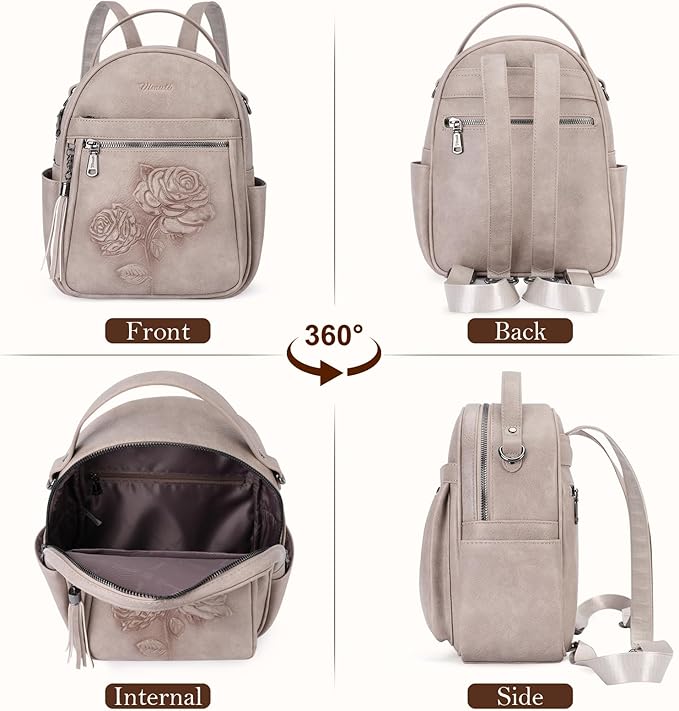 Mini Backpack Purse for Women,Embossed Leather Small Backpack Fashion Travel Backpacks Daypacks Shoulder Handbag (GRAY-Flower)