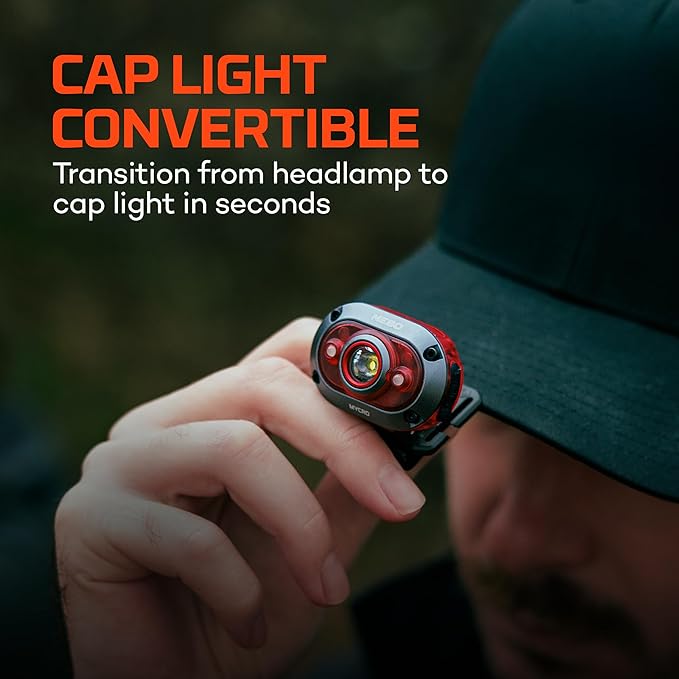 NEBO MYCRO 450 Rechargeable Headlamp | 450 Lumens, 6 Light Modes, Water Resistant, Detachable Hat Clip, Super Bright Head Lamp for Camping & Hiking, Includes USB Charging Cable — Red