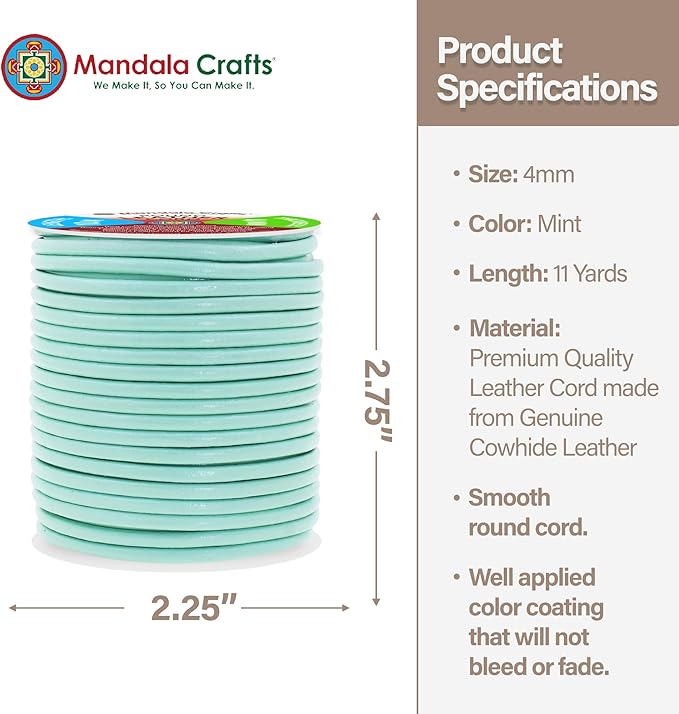 Mandala Crafts Round Genuine Mint Leather Cord for Jewelry Making – 4mm Cowhide Leather Rope String Lace for Kumihimo – 11 Yards Cowhide Craft Cording Spool