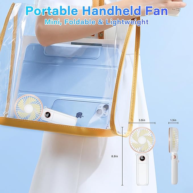 Portable Handheld Fan 5200mAh, USB Rechargeable Foldable Electric Personal Small Mini Hand Held Fan, 22Hrs Runtime, 6 Speeds, LED Display, Battery Powered, Gift for Men, Women, Travel, Outdoor, Makeup