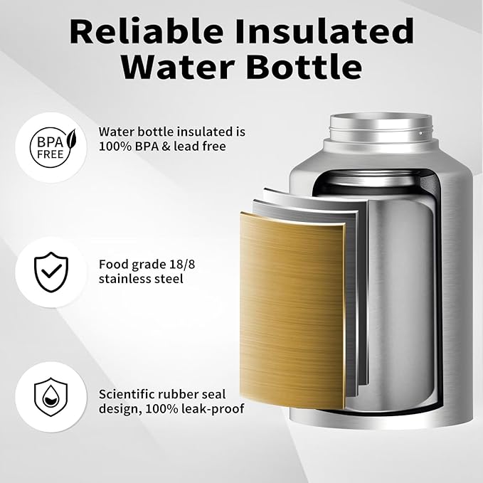 WATERSY Half Gallon Water Bottle Insulated(Cold for 48 Hrs),BPA Free&Leak Proof,64oz Stainless Steel Water Jug/Flask,Big thermo,Large Water Bottle with Handle for Gym,Hiking,Camping,Stainless