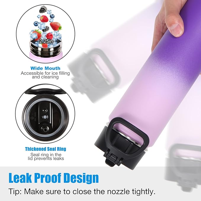Volhoply 24oz Insulated Water Bottle With Straw Bulk 3 Pack,Metal Wide Mouth Water Bottles With Handle Keep Cold,Reusable Double Wall Cups,Powder Coated Sport Bottle For Holder(Purple,3 Count)