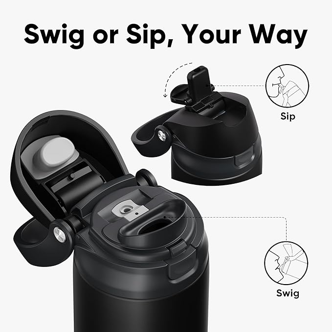 ENCOOL Leakproof Insulated Water Bottle with Straw Dual-Sip Water Bottle Bag-Safe Design for Work, Commute & Gym – Keeps Drinks Cold All Day, 24 oz, Jet Black