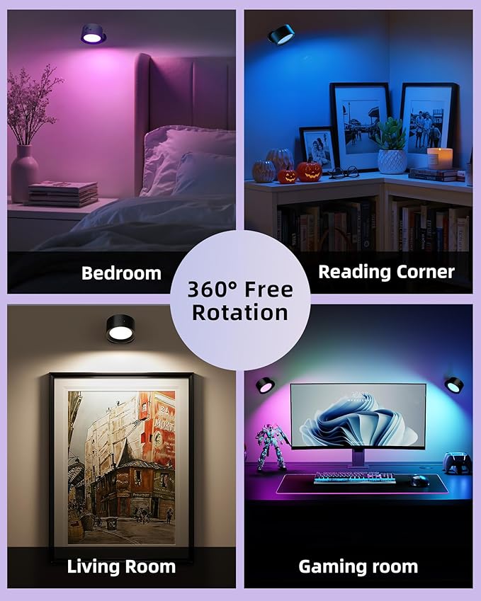 Wall Mounted Lights, 2 Pack Rechargeable RGB Color Changing Light, 3 Color Temps & Remote and Touch, 360° Rotation Dimmable Cordless for Study Bedroom Reading Bedside (Black)