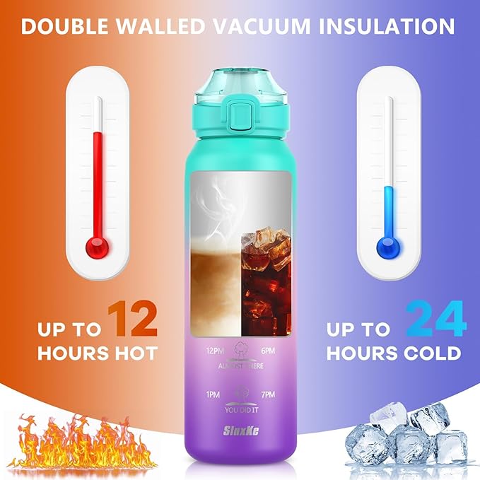 SLUXKE 17oz Insulated Water Bottle with handle BPA Free, 316 Stainless Steel Water Bottles 500ml with Time Marker Double Walled, Metal Water Flask Jug for Hiking, Biking, Running, Three Colors