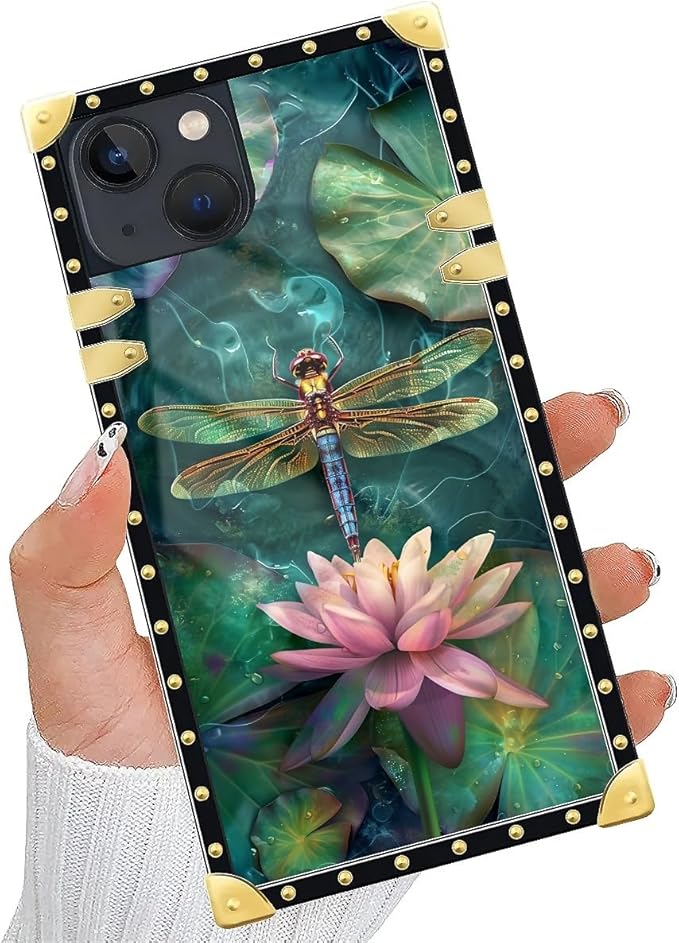 Compatible with iPhone 14 Case, Colourful Dragonfly Pink Lily Pads Luxury Golden Decoration for Girl Women Soft TPU Shockproof Protective Hard PC Back for iPhone 14