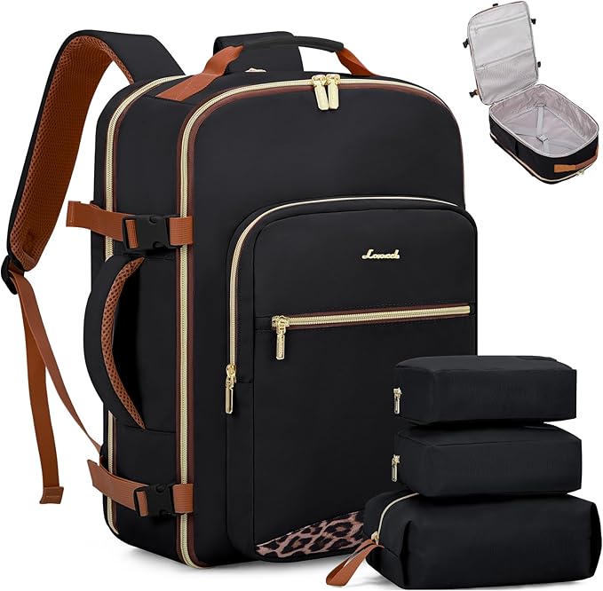 LOVEVOOK Travel Backpack for Women & Men 40L,Airline Approved Carry On Backpack Travel Essentials,TSA Carry on Luggage,Waterproof Personal Item Travel Bag Suitcase,3 Packing Cubes,Black-Leopard print
