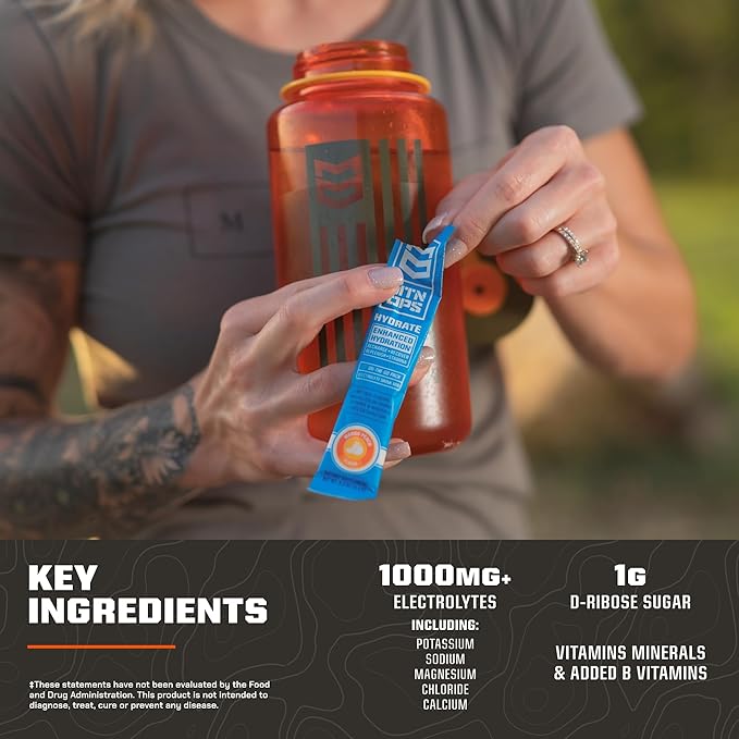 MTN OPS Hydrate Low Sugar Electrolyte Powder Drink Mix with 1g D-Ribose Sugar, 1000mg Electrolytes, On-The-Go Packs, 20 Stick Packs, Liberty Pop