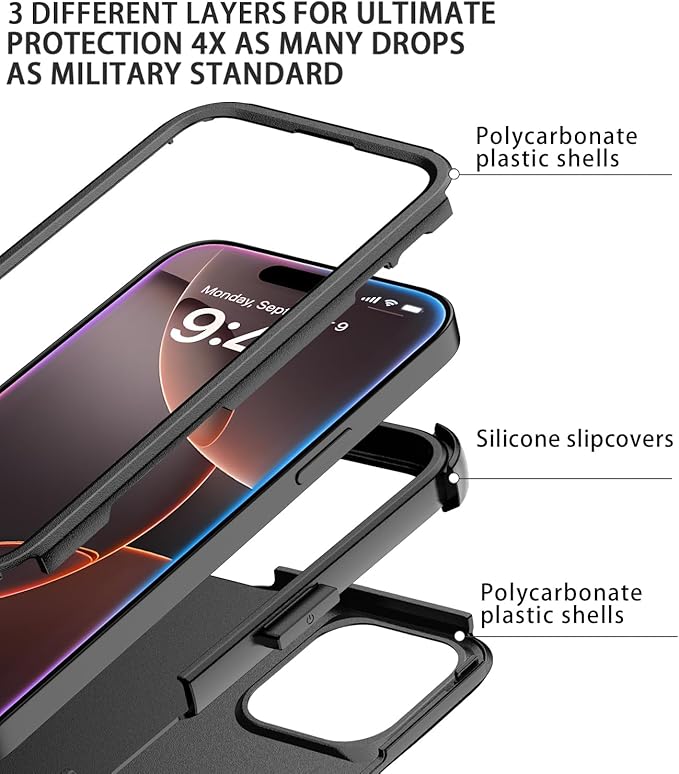 for iPhone 16 Pro Max Case [Shockproof] [Dropproof] [with Screen Protector ] Heavy Duty Protection Phone Case Cover for iPhone 16 Promax- Black