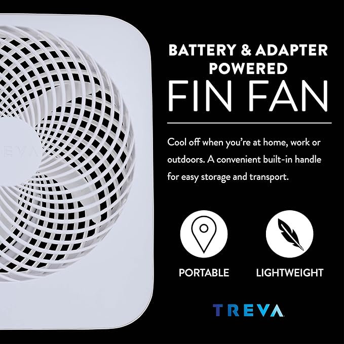 Treva 10-Inch Portable Fan, Powered by Battery and/or AC Adapter - Desk Fan Air Circulating with 2 Cooling Speeds for Personal and Travel Use (White)