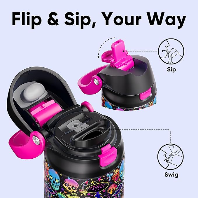 Encool SwiftSip Insulated Stainless Steel Water Bottle with Straw - Leak Proof Sports Water Bottle for School, Travel, Keeps Cold All Day, One-Touch Flip Lid, BPA-Free, 24 oz, Trippy Skulls