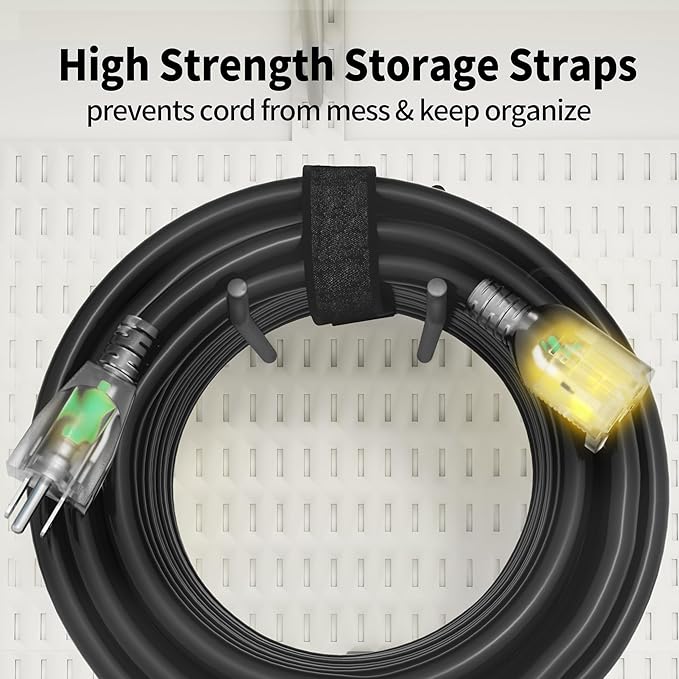 POWGRN 15 Ft 10AWG Black Outdoor Extension Cord Waterproof Heavy Duty 10 Gauge 3 Prong, Flexible Cold-Resistant Power Cord Indoor & Outside with Lighted Indicator End, 15Amp 1875W SJTW ETL Listed