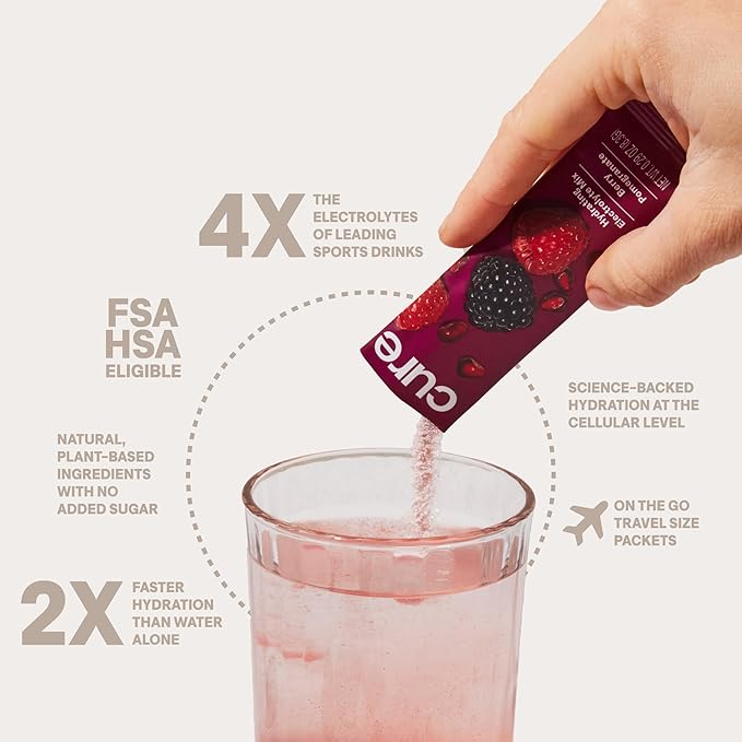 Cure Hydration | Plant-Based Electrolyte Drink Mix | No Added Sugar | FSA-HSA | Dehydration Relief Powder Made with Coconut Water | Non-GMO | Vegan | Box of 8 Packets - Berry Pomegranate