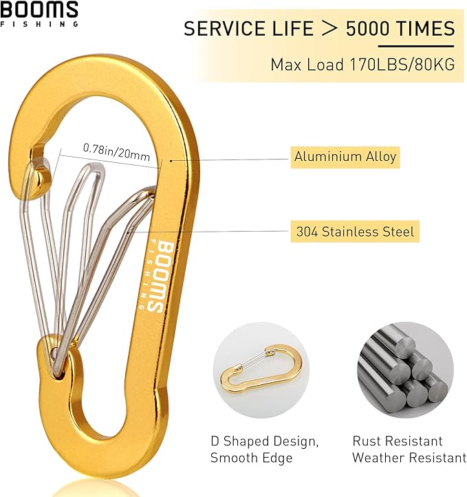 Booms Fishing CC5 Multi-Use Carabiner Clips, 10 Pack 2.7" Small Caribeener Clips, Mini Keychain Aluminum Caribeaner Clip