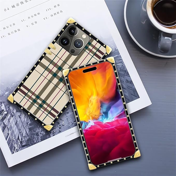 Compatible with iPhone 15 Pro Max Case, Black Red Beige Stripes Luxury Golden Decoration for Girl Women Soft TPU Shockproof Protective Hard PC Back for iPhone 15 Pro Max