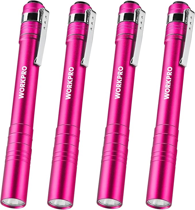 WORKPRO LED Pen Light, Aluminum Pen Flashlights, Pocket Flashlight with Clip for Inspection, Emergency, Everyday, 2AAA Batteries Include, Pink(4-Pack)