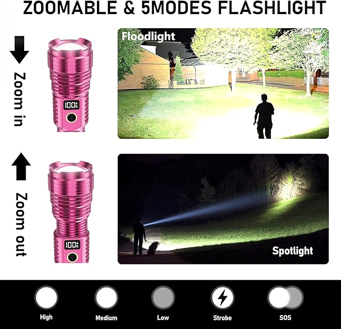 Flashlights High Lumens Rechargeable, 100,000LM LED Super Bright Flash Light, Zoomable Linternas with LCD Digital Display, 5 Mode, Waterproof, Powerful Tactical Flashlight for Emergencies Camping Gift