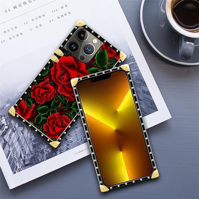 Compatible with iPhone 13 Pro Case, Vector Red Rose Green Leaf Luxury Golden Decoration for Girl Women Soft TPU Shockproof Protective Hard PC Back for iPhone 13 Pro