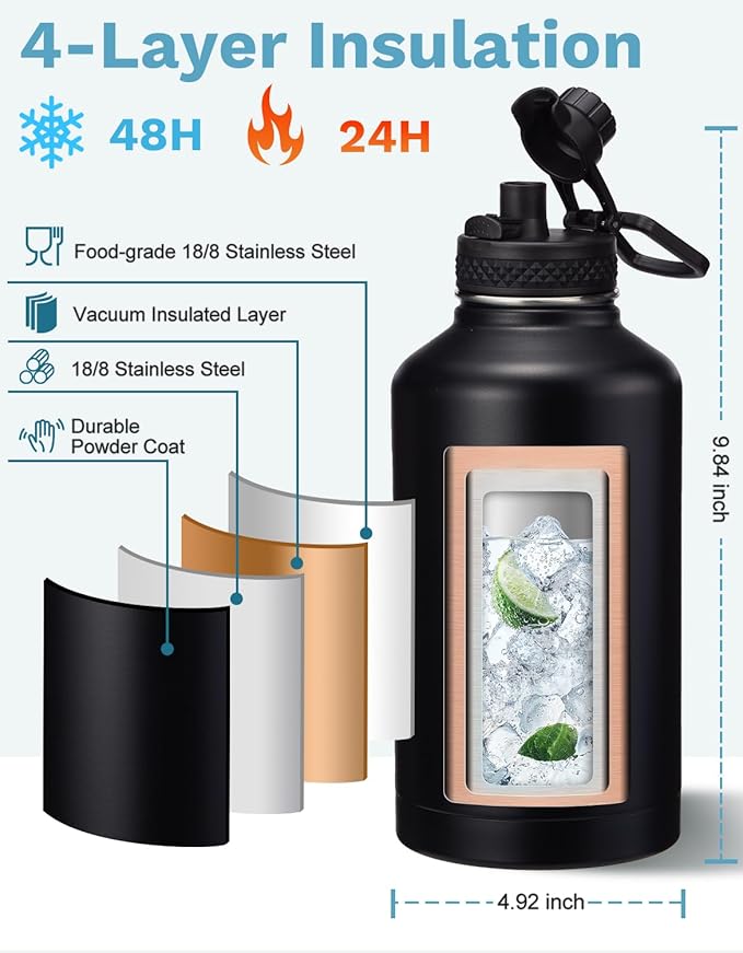 64 OZ Insulated Water Bottles with Straw & Spout Lids, Waterbottle Carrier with Strap, Protective Boot & Paracord Handle, Half Gallon Water Bottle 64oz Stainless Steel Water Canteen for Sports Gym