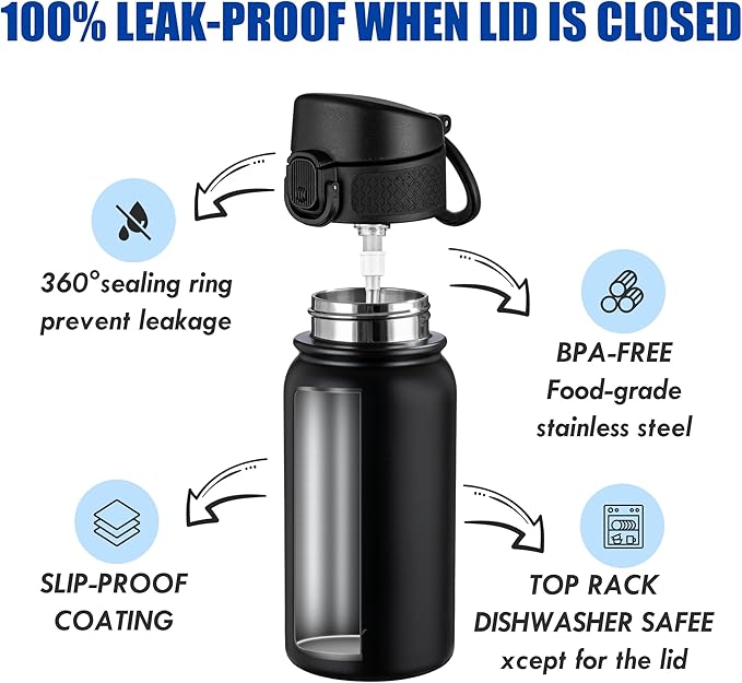 OLDLEY 12oz Kids Water Bottle, Stainless Steel Insulated Water Bottle For Kids, With Straws Leak-proof, Kids Water Bottles For School Boys Girls, Black
