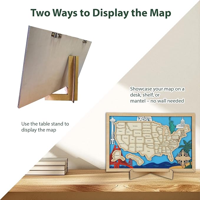 Wooden USA Landmark Travel Map, 16.5 x 11, 3-Layer Wood State Map Tracker Puzzle with Gift Box - Personalized Wall Art & RV Decor with Table Stand, Marker Pen & Adhesive Backing (Landmark, 16.5 x 11")