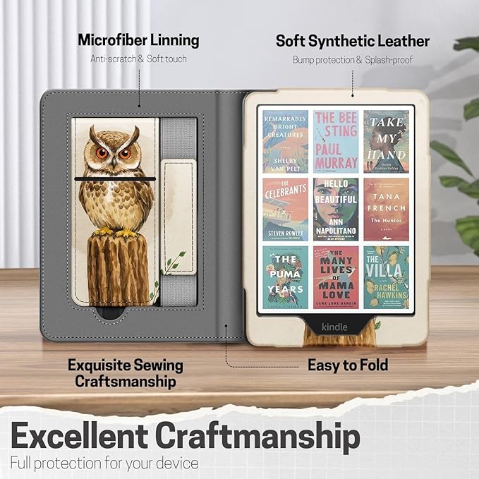 TNP Stand Case for Kindle Paperwhite 12th Generation 2024 / Kindle Colorsoft Signature Edition with Hand Strap & Card Slot - 7" PU Leather Protective Folio Cover with Auto Wake/Sleep, Owl in The Tree