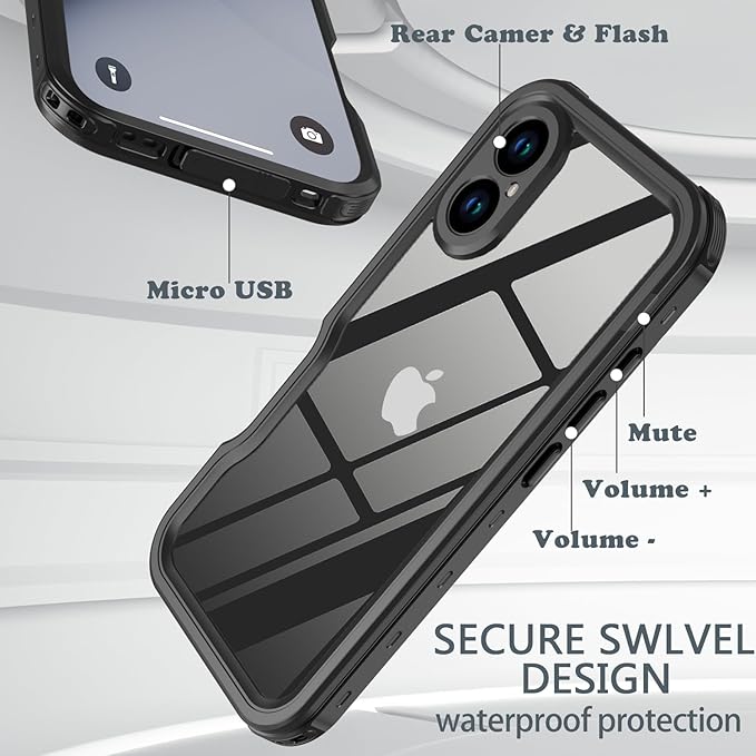 for iPhone 16 Plus Case Waterproof, [Shockproof] [Dustproof] [IP68 Waterproof] Full-Body Hard Case Built-in [Lens Screen Protection] for Diving Case (Black, for iPhone 16 Plus 6.7in)