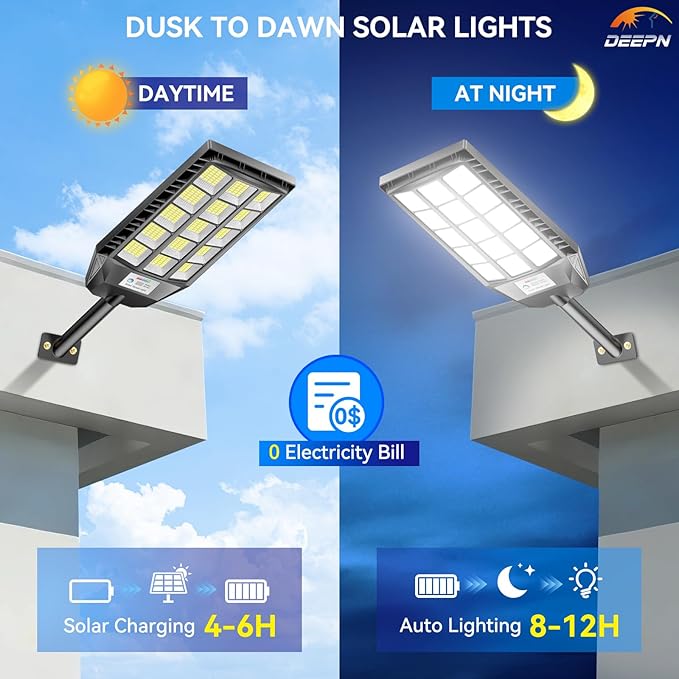 Deepn Solar Lights Outdoor Waterproof, Solar Street Lights Outdoor, 6500K LED Dusk to Dawn Security Flood Light Motion Sensor with Remote Control for Yard, Parking Lot, Porch, Garages, Garden, 2 Pack