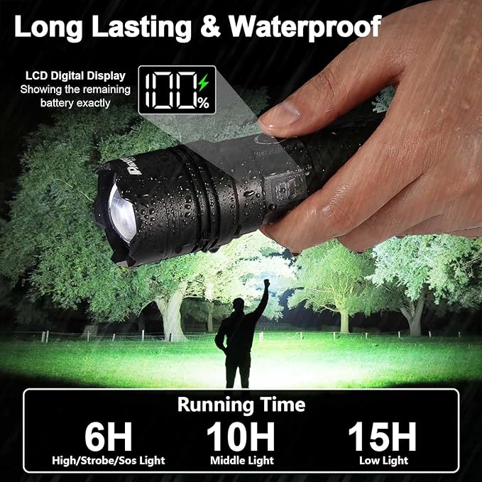 PHIXTON Rechargeable Flashlights 100000 High Lumens Long Range 3280 FT, Super Bright USB C LED Flashlight Long Lasting 15 Hours, Powerful Multifunctional Strong Flash Lights, for Camping