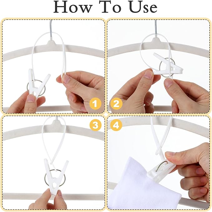 90 Pack Multi-Purpose Laundry Hooks Hanging Clips Bulk with Plastic Rope, White Clips for Hangers, Plastic Hanger Clip for Pants Hat Sock Boot Bra Towel Bathroom Wardrobe Kitchen (White)