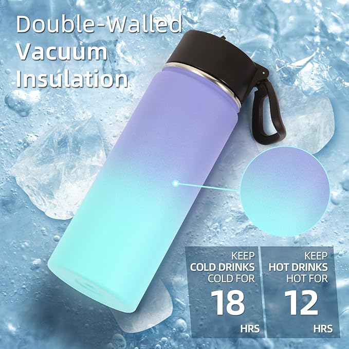 Volhoply 18oz Insulated Water Bottle Bulk 4 Pack,Kids Stainless Steel Water Bottles with Straw,Double Wall Vacuum Reusable Metal Bottle,Wide Mouth Sports Flask For Cold Drink(Assorted,4 Set)