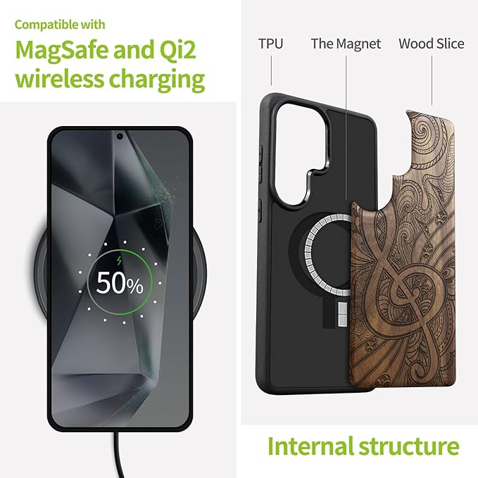 Carveit Magnetic Wooden Case for Samsung Galaxy S26 Ultra Case 2026, TPU Shockproof Cover & Wood Artisan Engraved, Compatible with MagSafe Wireless Chargers (Zen Doodle Treble Clef) Walnut