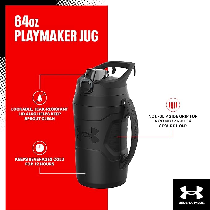 Under Armour Half Gallon Water Bottle Insulated, 64oz Insulated Water Bottle with Handle, Fence Hook, Leak Resistant, for Baseball, Football & More - Black Woodland