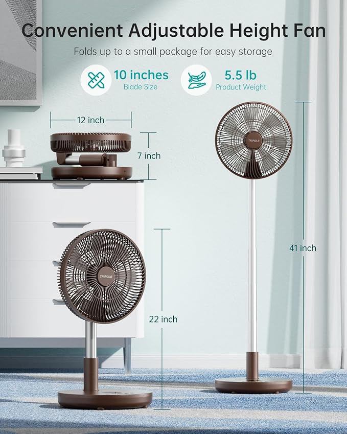TriPole Foldable Standing Fan 12" Portable Rechargeable Battery Pedestal Fan with Remote, Timer Setting, Height Adjustable, for Home Office, 6 Speed, 12000mAh (Coffee)