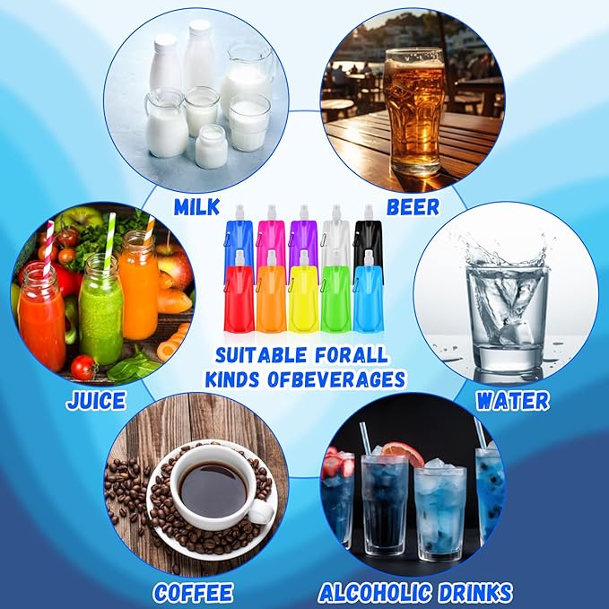 Teenyyou 100 Pack Collapsible Water Bottles Bulk 16oz Foldable Water Bottles with Carabiner Reusable Drinking Leak Proof Container Bags for Sport Biking Hiking Camping Travel Outdoor (Multiple Colors)