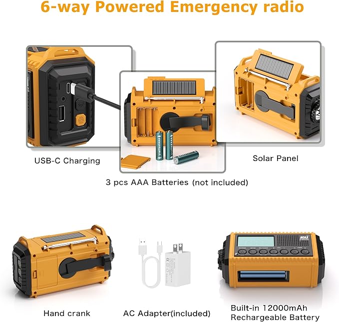 Eoxsmile Emergency Radio 12000mAh with NOAA Weather Alert - Solar/Crank/Battery Powered AM/FM/Shortwave Radio, USB-C Charger, Portable SOS Flashlight for Hurricane, Power Outage, Camping Survival Gear