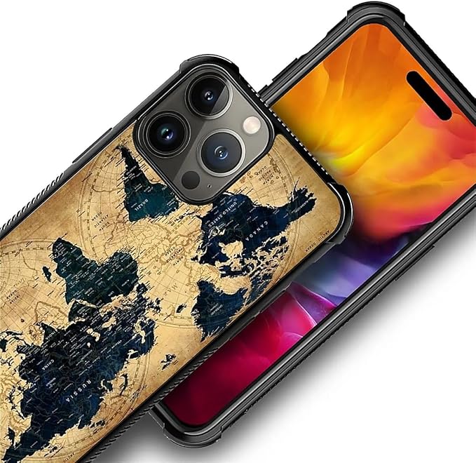 for iPhone 15 Pro Max Case, Brown World Map Pattern Graphic Design Girl Boy Soft Silicone Hard Acrylic Shock Protection for iPhone 15 Pro Max