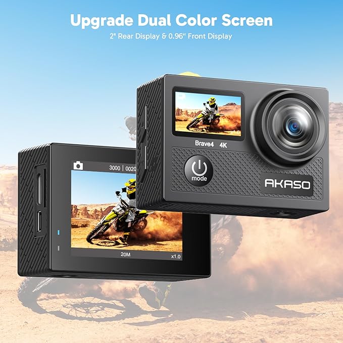 AKASO Brave 4 Action Camera 4K 30fps with 64GB MicroSD U3 Card Bicycle Helmet Accessories Kit Bundle, 20MP Ultra HD 131FT Waterproof Underwater Camera EIS WiFi Remote Control 5X Zoom Sport Cameras